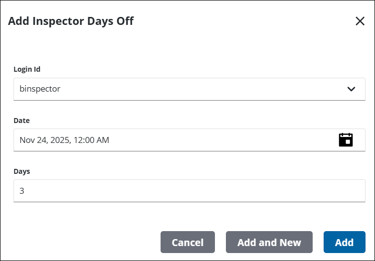Add Inspector Days Off