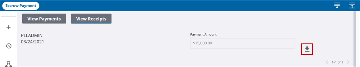 Image of Escrow Payment with View Receipts selected and download arrow icon highlighted
