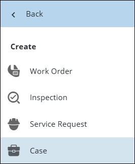 Screenshot of the Trimble Unity Respond app where the user has clicked the 'Create' menu on the left-hand side menu opening a popup showing Work Order, Inspection, Service Request, and Case. The 'Case' option is highlighted in blue. This image illustrates the first two steps in creating a new permit case within Trimble Unity Respond.
