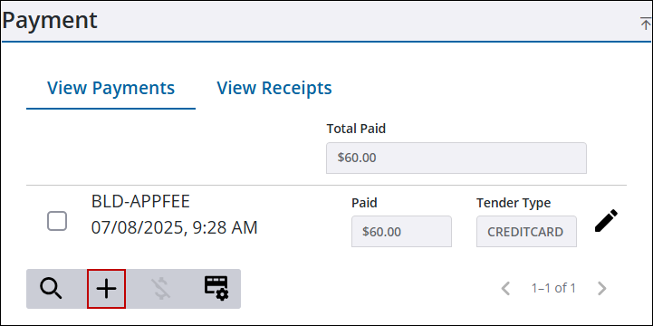 Image of the Payment panel from the case summary page with Add record highlighted